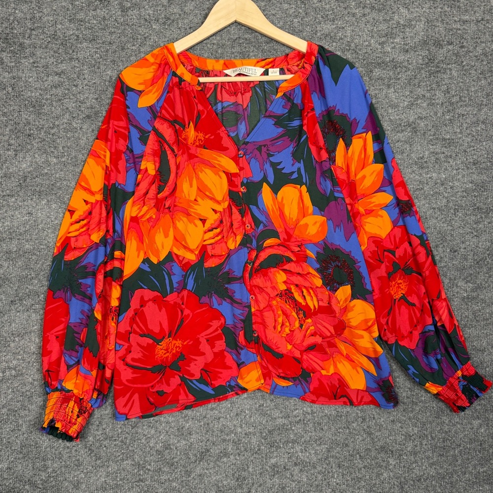 Beautiful by Lawrence Zarian Womens Sz Large Blouse Blue Printed Blouson Sleeves